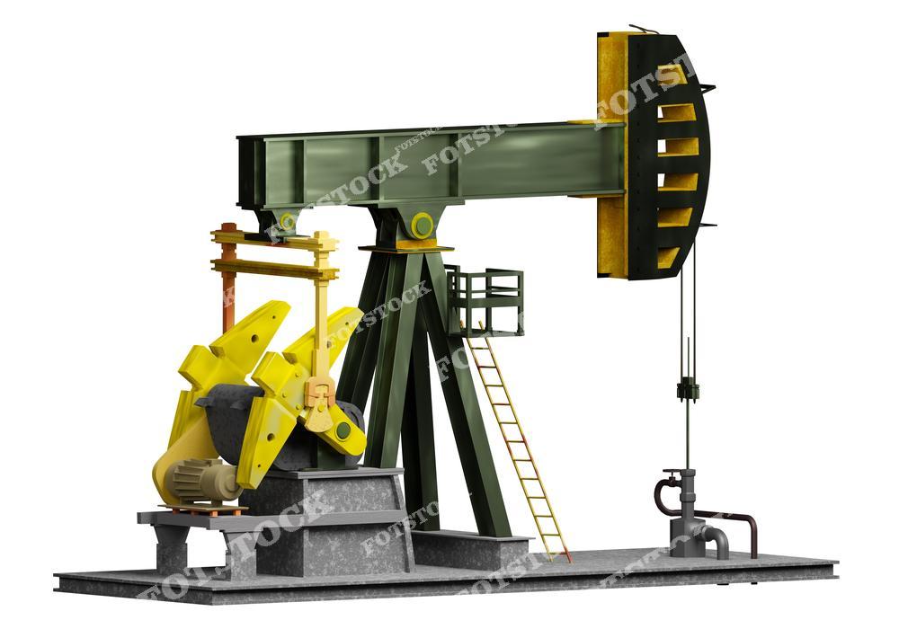 На изображении представлена нефтяная качалка, используемая для добычи нефти. Детализированная конструкция подчеркивает технологический аспект добычи сырья. Это оборудование символизирует ключевую роль промышленности в энергетическом секторе.